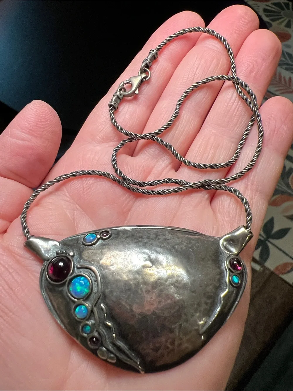 Vintage Modernist Designer Blue Opal Garnet Sterling Silver Pendant Necklace